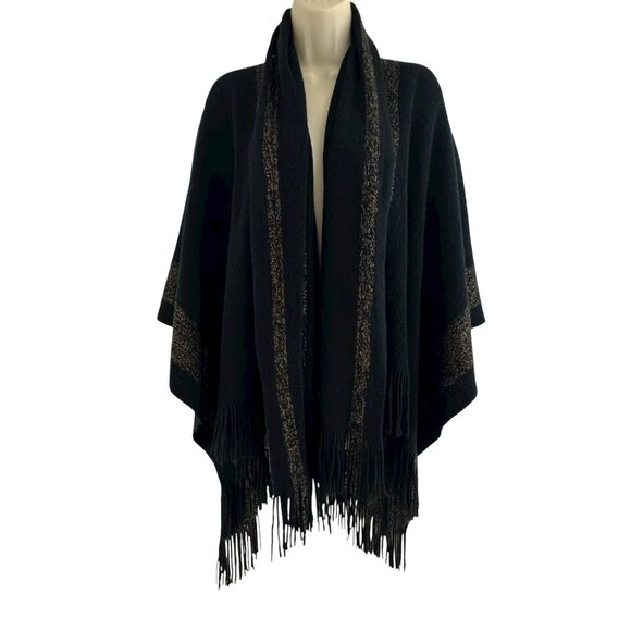 Black Gold Metallic Soft Knit Wrap Shawl Sweater Cape Poncho Scarf Fringe Winter - Picture 3 of 6